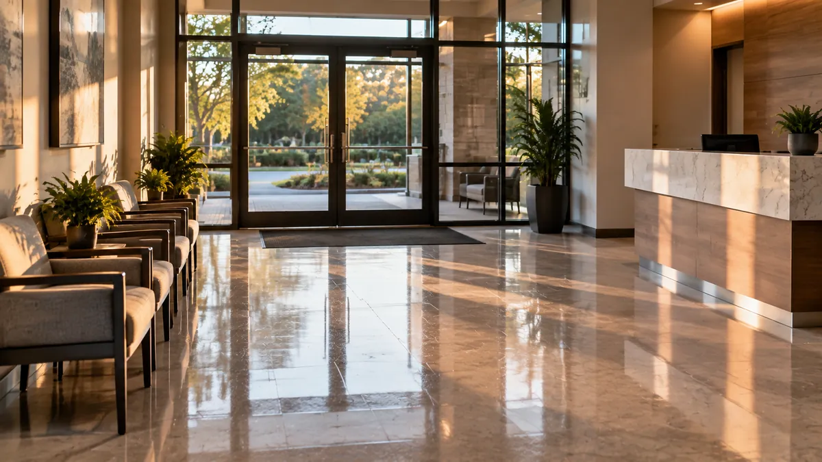 A clean conference room with a long table wiped to a shine, chairs tucked in evenly and a glass wall with no fingerprints