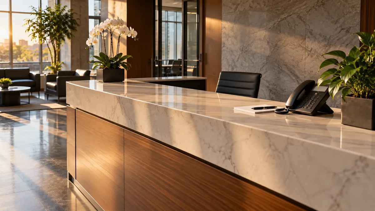 A tidy front desk in a small office with a desk phone, a closed laptop and a potted plant, the floor behind it freshly mopped