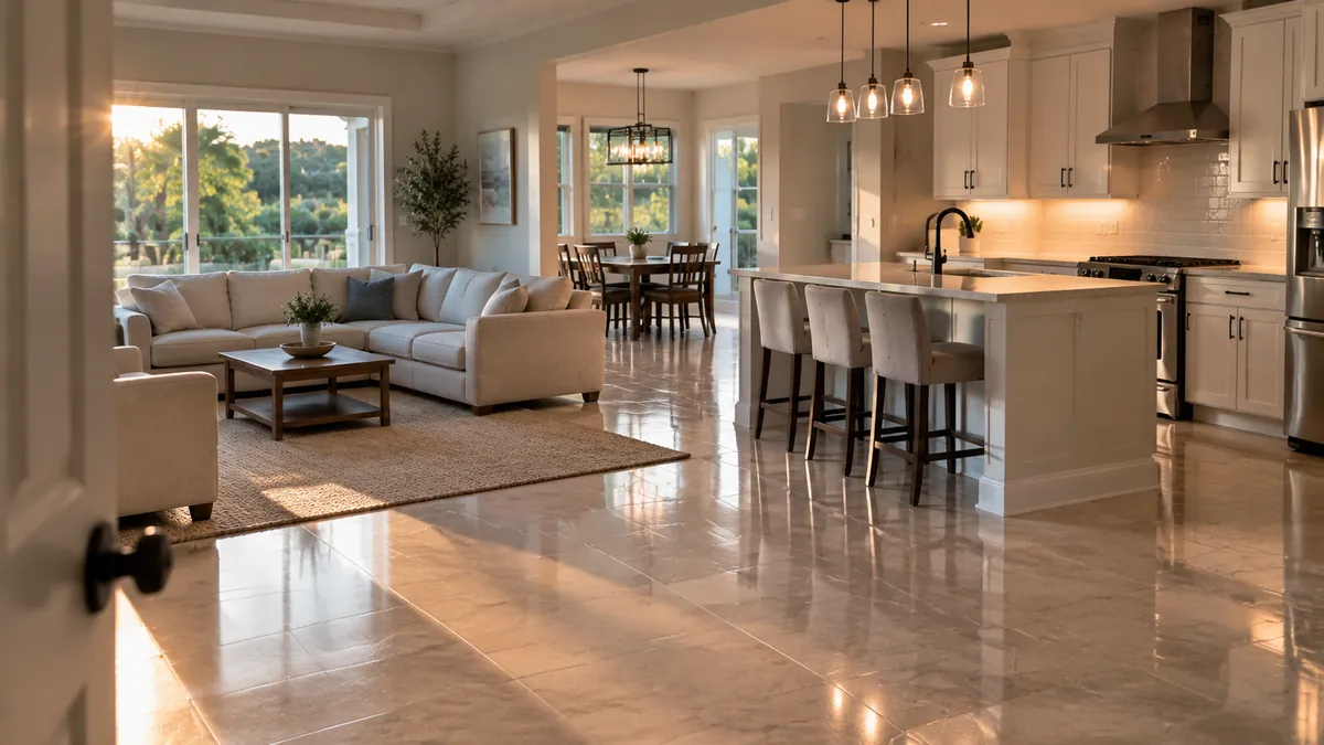 A wide view of a whole empty apartment after a move in clean, looking from the entry through a bright living room into the kitchen, floors shining and counters clear